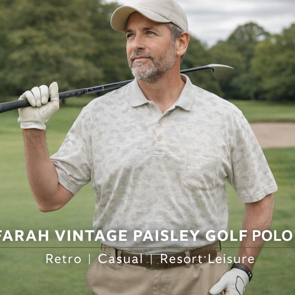 Farah Vintage Paisley Polo Shirt 3XL Gray Beige Golf Casual Retro Short Sleeve